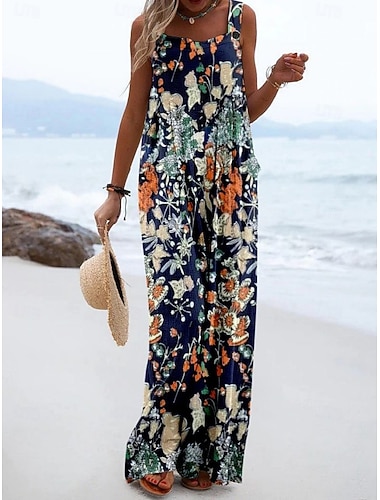  Damen Latzhose Aktiv Grafik Ärmellos Ärmellos Weites Bein Tasche Knöpfe Täglich Strand Lässiger Schnitt Blau Weiß Rote Sommer