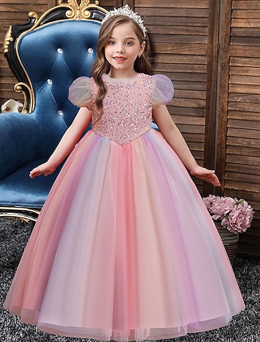  フラワーガールドレス 女の子 フォーマルドレス 結婚式の服装 パーティー 結婚式 フォーマル フォーマル スパンコール パッチワーク 純色 半袖 クルーネック ピンク スカイブルー 4年以上