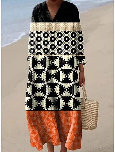  Dames Maxi-jurk Hemdjurk Zonnejurk Vakantie Casual Strand Uitgaan Ruim Passend Grafisch Geometrisch Abstract Lange mouw V-hals blauw Marine Geel / zwart Zomer Lente