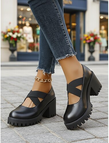  Zwarte platformschoenen met dikke hak en gekruiste bandjes voor dames – comfortabele en trendy werkschoenen voor op kantoor, woon-werkverkeer en dagelijks gebruik.