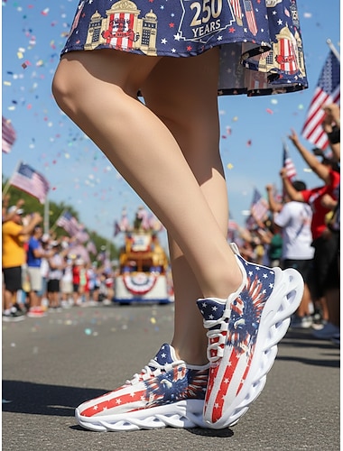  Verenigde Staten 250e Verjaardag Dames USA Vlag en Adelaar Print Sneakers met Vuurwerk Ontwerp Patriottische Casual Schoenen voor Onafhankelijkheidsdag Parades Festivals Sportevenementen en Dagelijks