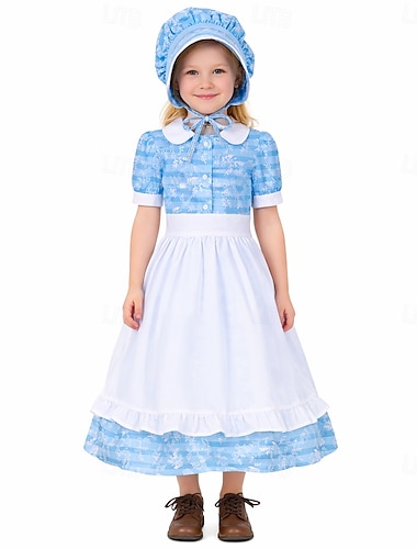  250e jubileum VS 19e eeuw jaren 1800 Prairiejurk Bonnet en schortset Korte mouwen Pionier Meisje Koloniaal Pionier Onafhankelijkheidsoorlog Bloemig Kostuum Voor meisjes Halloween Carnaval 4 juli