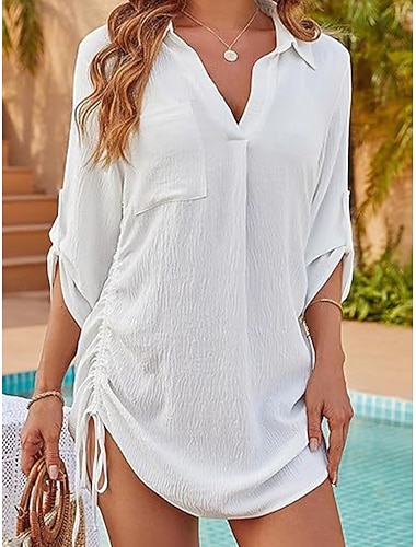  Damen Minikleid Weißes Kleid Strandkleid schwarzes kleid Hemdblusenkleid Elegant Mode Klassisch Täglich Outdoor Strand Lässiger Schnitt Einfach Dreiviertelarm Hemdkragen Blau Schwarz Weiß Rosa Sommer