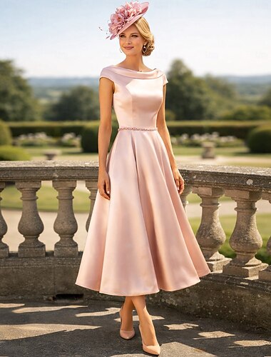  A-Linie Knöchellänge Partykleid Cocktailkleid Kleid für Hochzeitsgäste Brautmutterkleid Kurzarm Wasserfallausschnitt Übergröße Hochzeitsgast Satin mit Kristalle