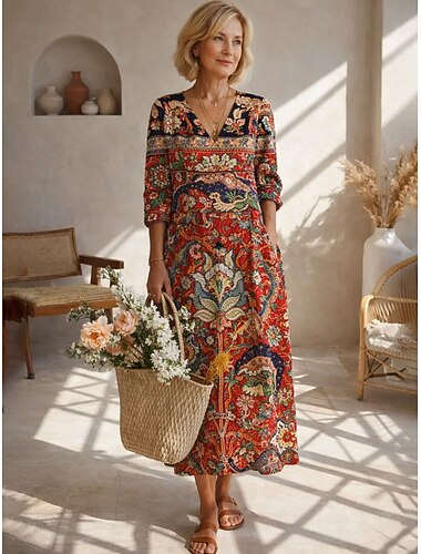  Midi Kleid Damen Leinenartig Atmungsaktiv Leicht Sommerkleid Shift Kleid Freizeitparty Urlaub Reguläre Passform Grafik Paisley Lange Ärmel V-Ausschnitt Blau Pink Rot Grün Sommer Frühling