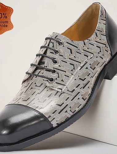  Premium herresko i skinn med mønstret grått mønster og svart skinnhette, stilig formelt fottøy for bryllup og spesielle anledninger