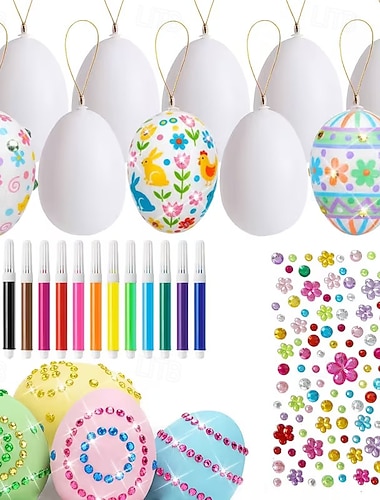  Zestaw do malowania białych pisanek, 25 elementów, puste jajka do kolorowania, zawiera sznurki, narzędzia, naklejki z klejnotami, linę do zawieszania, idealny na wielkanocne przyjęcia dla dorosłych,