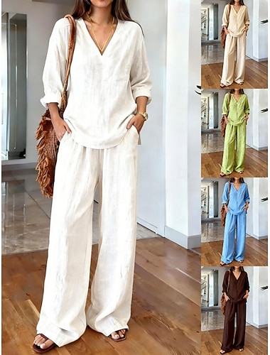  Completi da donna in finto cotone e lino, completi due pezzi, completi pantaloni, bolero, maniche lunghe, scollo a V, tinta unita, moda streetwear, basic casual, quotidiano, outdoor, blu, bianco, marrone, estate, vestibilità regolare