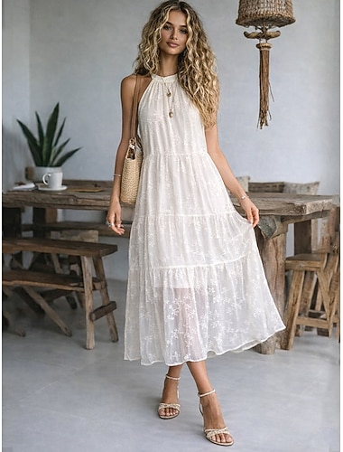  Damen Maxikleid A Linie Kleid Halterkleid Schulterfreies Kleid Lässig Outdoor Ausgehen Normale Passform Blumen Ärmellos Neckholder Aprikose Sommer Frühling
