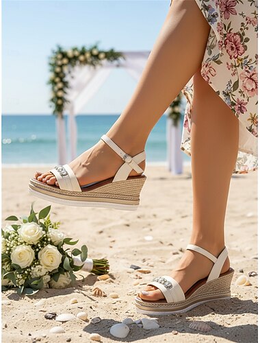 Witte sleehak sandalen voor dames met kristallen details – comfortabele, stijlvolle schoenen voor strandbruiloften, perfect voor bruiden en gasten.