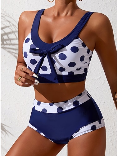 Per donna Costumi da bagno Bikini Due pezzi Vita alta Costume da bagno Snello Senza schiena Vacanza Abbigliamento da Spiaggia A Pois Collo a U Senza Maniche Costumi da bagno
