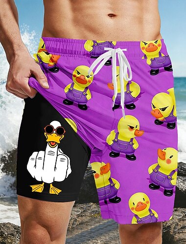  Voor heren Grappig Eend Middelvinger Gevoerde shorts 2 in 1 zwemshorts Zwemshorts Medium Taille Hawaii Strandvakantie Zijzakken Met compressievoering Elastische tailleband met trekkoord Ontwerper