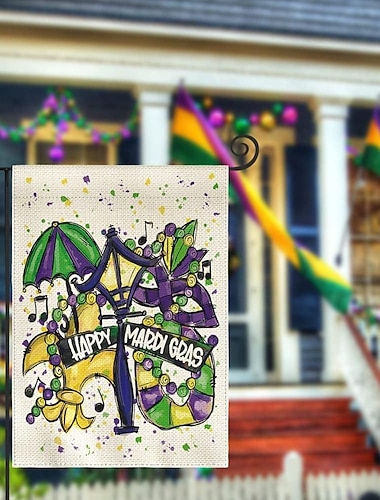  3-pakning Mardi Gras hageflagg 12x18 tommer dobbeltsidig, lilla grønn gull Fleur de Lis husflagg til hage, utendørs, plendekorasjon, Happy Fat Tuesday karnevaldekor
