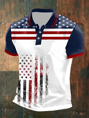  4 juli 2026 250e Voor heren Amerikaanse Amerikaanse vlag Poloshirts Korte mouw Poloshirt Overhemden met kraag Casual Sportkleding Festivaloutfit Knop Zomer Lente blauw Wit