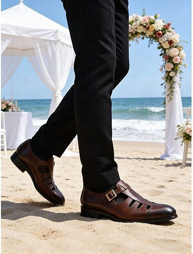  herresandaler i ekte skinn – komfortable brune slip-on-sandaler til sommerbryllup og strandarrangementer