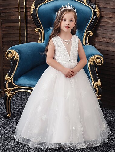  Blomsterpikekjole Jente Formell kjole Bryllupsantrekk Fest Bryllup Formell Bedårende Prinsesse Søt Første nattverdskjole Lapper Netting Helfarge Ermeløs Crew-hals Lys Rosa Hvit 4 år +