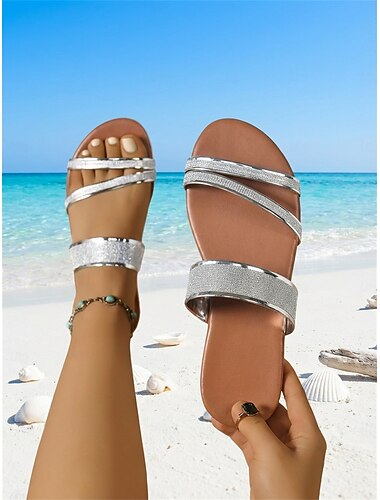  Sandales plates à paillettes argentées pour femmes - élégantes et scintillantes, parfaites pour les vacances d'été tropicales et les voyages insulaires. &détente au bord de la piscine