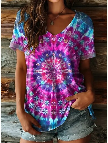  Kvinners Boho T-skjorte Blomster Grafikk Vintage Stilfull Klassisk Korte Ermer V-hals Lange Topper Daglig Ferie Slitasje Trykk Blå Lilla Fuchsia Grønn Sommer Vår