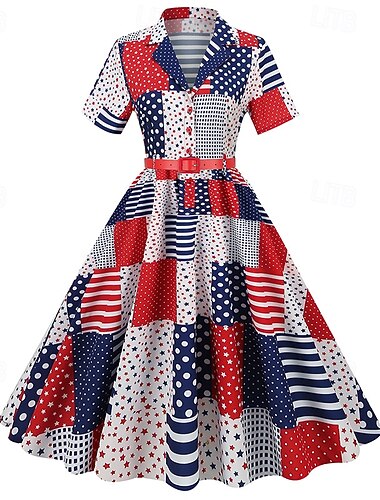  250. rocznica USA Lata 50. Retro / vintage Południe Sukienka Sukienka huśtawka Rozkloszowana sukienka Krótkie rękawy Krój A Strój na bal maskowy Damskie 4 lipca Dzień Niepodległości Dla dorosłych