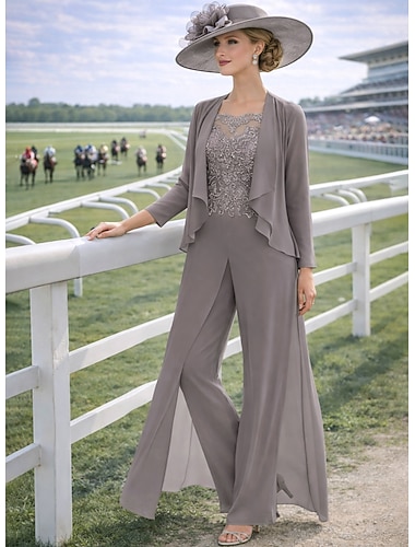  Due Pezzi Tuta Completo Pantalone Lunghezza al pavimento Abito da cerimonia per signora Manica 3/4 Scollo a Barca Elegante Con Stola Formale Ospite di nozze Chiffon con Applicazioni