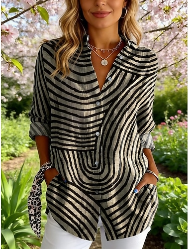  Damen Bluse 100% Baumwolle Druck Gestreift Vintage Stilvoll Lässig Langarm Hemdkragen Normale Oberteile Täglich Schwarz Sommer Frühling Herbst