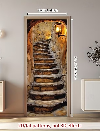 Habillage de porte décoratif imprimé en 2D, effet 3D, motif d'escalier en pierre avec éclairage lanterne chaleureux.