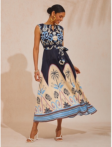  Sommernacht Palmen Seidensatin Maxikleid