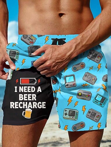  Męskie Piwo Konsola do gier Zabawny slang Szorty podszyte Spodenki kąpielowe 2 w 1 Szorty kąpielowe Średni Talia Retro / vintage Święto Boczne kieszenie Z wkładką kompresyjną Elastyczny pas ściągany