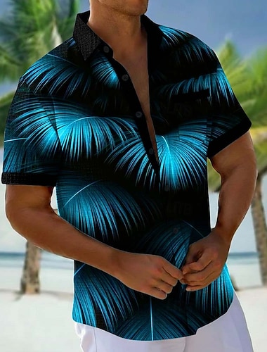  Per uomo Foglia di palma Piante Tropicali Camicia Camicie hawaiane Camicia Aloha Manica Corta Hawaiano Vacanza Ferie Estate Collo ripiegato Stampa 3D Una tasca anteriore Camicia tipo lino Blu Viola