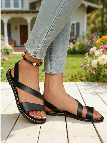  Svarte damesandaler med flate stropper – minimalistiske sandaler med åpen tå for sommerturer, ferie, byvandringer og hverdagsbruk