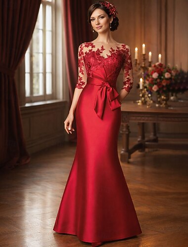  Sirène Trompette Longueur au sol Robe d'invité de mariage Robe de Cérémonie Robe de soirée Robe de Mère de Mariée  Manche 3/4 Col Illusion Élégant Mère Fiançailles Satin Dentelle avec Appliques