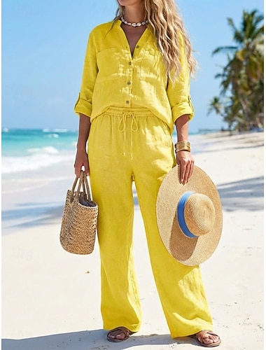  Per donna Set di biancheria in cotone Set di Pantaloni Bolero Top Manica Lunga Scollo a V Semplice Coulisse Moda Streetwear Quotidiano All'aperto Spiaggia Nero Bianco Giallo Estate Vestibilità comoda