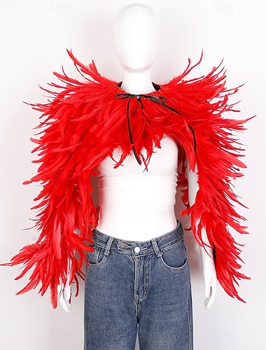  Karneval 2026 Rio Karneval Samba Tilbehør Kvinne Lang Rød Fjær Capesjal med Båndtbind Brasil Festival Danse Kostyme