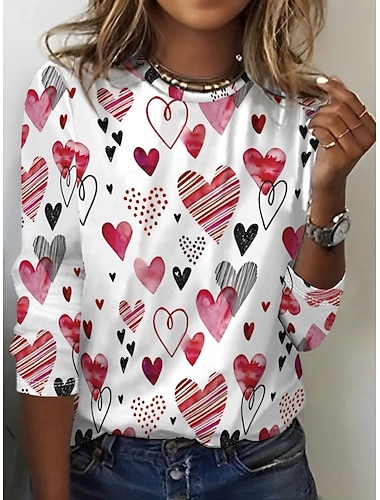  Valentinstag Damen T Shirt Druck Grafik Vintage Mode Stilvoll Langarm Rundhalsausschnitt Rundhals Normale Oberteile Täglich Wochenende weiß Rot Schwarz Weiß Rosa Rote Sommer Frühling