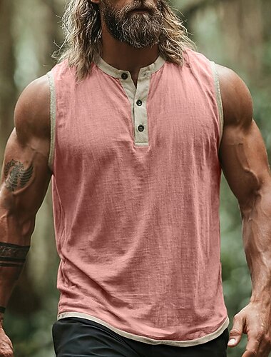  Pánské Bez rukávů Vesta Top Tílka Košile bez rukávů Bez rukávů Henley Collar Henley Léto Jaro Bez vzoru Módní Designové Základní Knoflíky Ležérní Dovolená ulice Černá Světlá růžová Námořnická modř