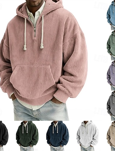  Herren Kapuzensweatshirt Kord Pullover Kapuzensweatshirt Viertelreißverschluss Kapuzensweatshirt Aprikose Schwarz Weiß Hellgrün Rosa Mit Kapuze Einfach Kängurutasche Strukturiert Lässig Täglich Sport