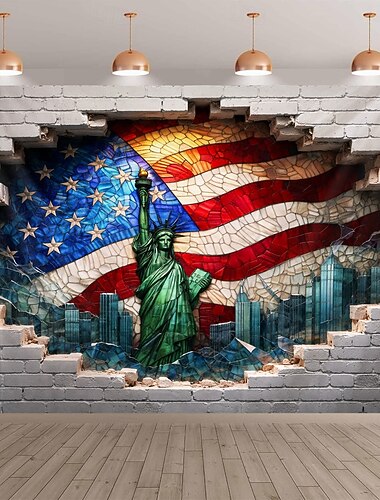  Väggtapet för USA:s 250-årsjubileum, 3D optisk illusion av Frihetsgudinnan genom en tegelvägg med patriotisk väggdekor för firandet av 250-årsjubileet, den 4 juli självständighetsdagen
