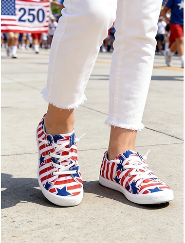  Verenigde Staten 250e verjaardag Vrouwen USA Rode Blauwe Veterschoenen van Canvas – Vintage Patriotische Casual Sneakers voor Onafhankelijkheidsdag Parades Stadswandelen Reizen  Alledaagse Outfits