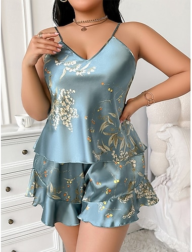  Damen Übergröße Schlafanzug Set Lässig Komfort Blumen Elastischer Bund Shorts Täglich Heim Ärmellos Träger Blau Schwarz Champagner Rosa Sommer Frühling Normale Passform