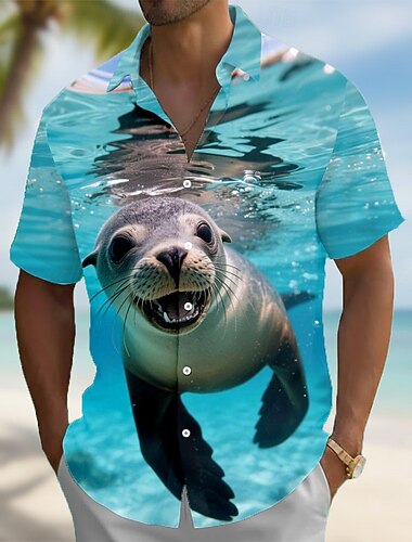  Herre Dyr Flodhest Segl Hawaii skjorte Skjorte med knapper Aloha skjorte Kortermet Morsom Feriereise Strand Klær Sommer Vår Aftæpning 3D-utskrift krage skjorter Blå Blå 1#