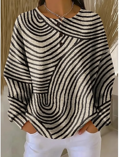  Damen Pullover Sweatshirt Knöpfe Grafik Geometrisch Elegant Vintage Mode Langarm Rundhalsausschnitt Rundhals Normale Oberteile Lässig Heim Hochzeitsgast Blau Schwarz und Weiß Weiß + blau Grau grün