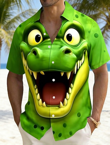  男性用 カートゥン クロコダイル おかしい シャツ ハワイアンシャツ アロハシャツ 半袖 ハワイアン バケーション 祝日 夏 折襟 3Dプリント フロントポケット1つ リネンライクシャツ グリーン