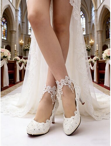  Witte kanten ballerina's voor dames, elegante bruidsschoenen met kralen voor kerkelijke bruiloften.
