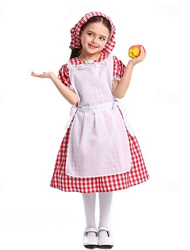  250º Aniversário EUA século 19 década de 1800 Vestido Pradaria Conjunto de touca e avental Mangas curtas Garota Pioneira Colonial Pioneiro Guerra Revolucionária Xadrez / Guingão Fantasia Para Meninas