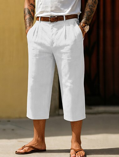  Herren Leinenhosen Caprihose Sommerhose Tasche Elastischer Bund Einfach Komfort Atmungsaktiv Wadenlang Täglich Outdoor Strand Urlaub Mode Blau Cachi scuro Mikroelastisch