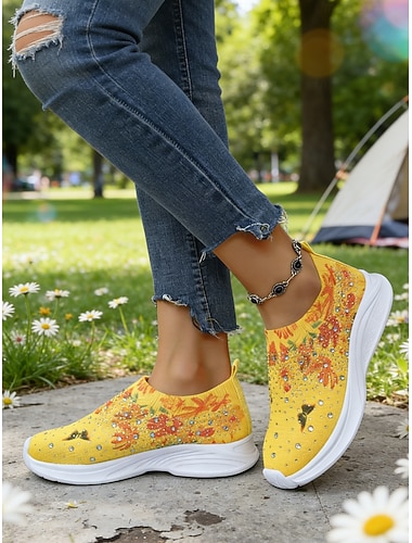  gule sommerfugltrykk flyknit-sneakers til dame - glitrende slip-on-sko med strass for uformelle reiser, utendørsturer og daglig komfort