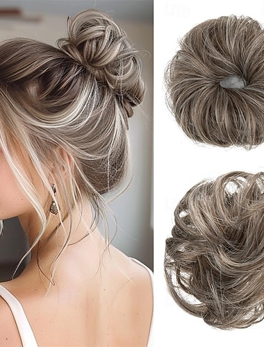  1 Stück kleines, süßes, lockeres Dutt-Haarteil für dünnes Haar, Damen, Mini-Synthetik-Locken-Dutt-Scrunchie, Hochsteckfrisur-Haarteil, mittelgrau