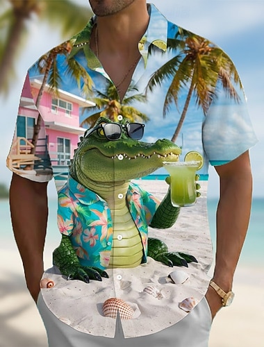  Herren Cartoon Krokodil Nilpferd Sommer Hawaiihemd Knopfhemd Alohahemd Kurzarm Lustig Urlaub Strandbekleidung Sommer Frühling Umlegekragen 3D-Druck Hemden mit Kragen Blau Blau 1#