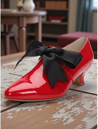  Dámské boty na nízkém podpatku z lakované imitace kůže ve vintage stylu béžové barvy s černou mašlí ve stylu 50. let, elegantní retro styl v edvardovském stylu na večírky i každodenní nošení.