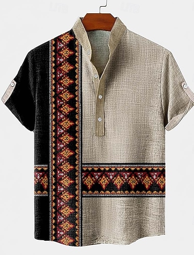  Homme Formes Géométriques Ethnique Chemise Chemise boutonnée Manche Courte Vintage Rétro Fête Décontracté Quotidien Été Printemps Col montant Col Henley Impression 3D Chemise en lin Kaki foncé Vert